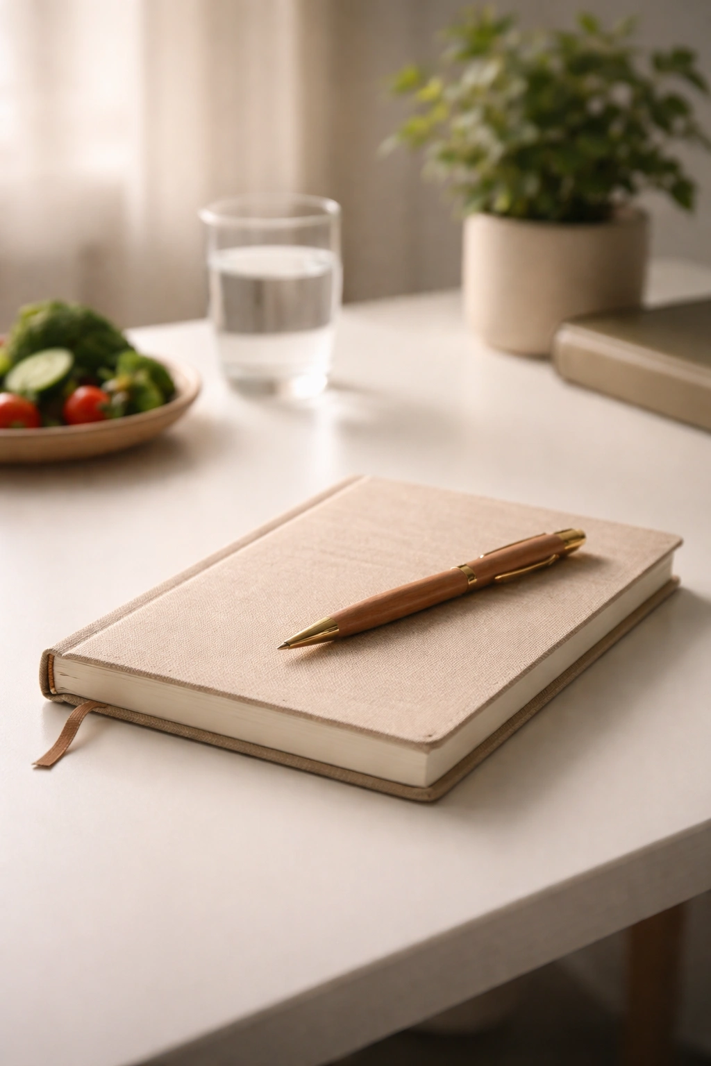 Minimalist desk with a closed notebook in soft light