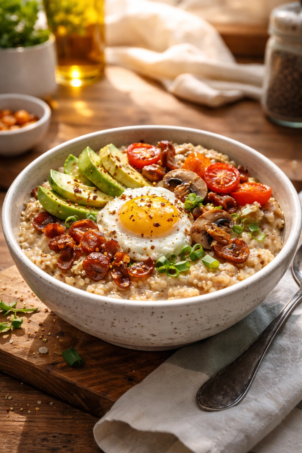 Comforting savory oatmeal bowl with balanced toppings