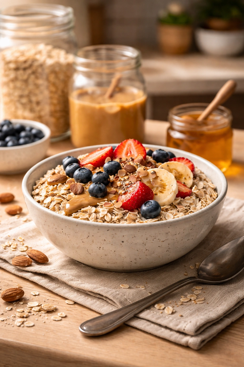 tidy bowl of high-protein overnight oats under warm lighting