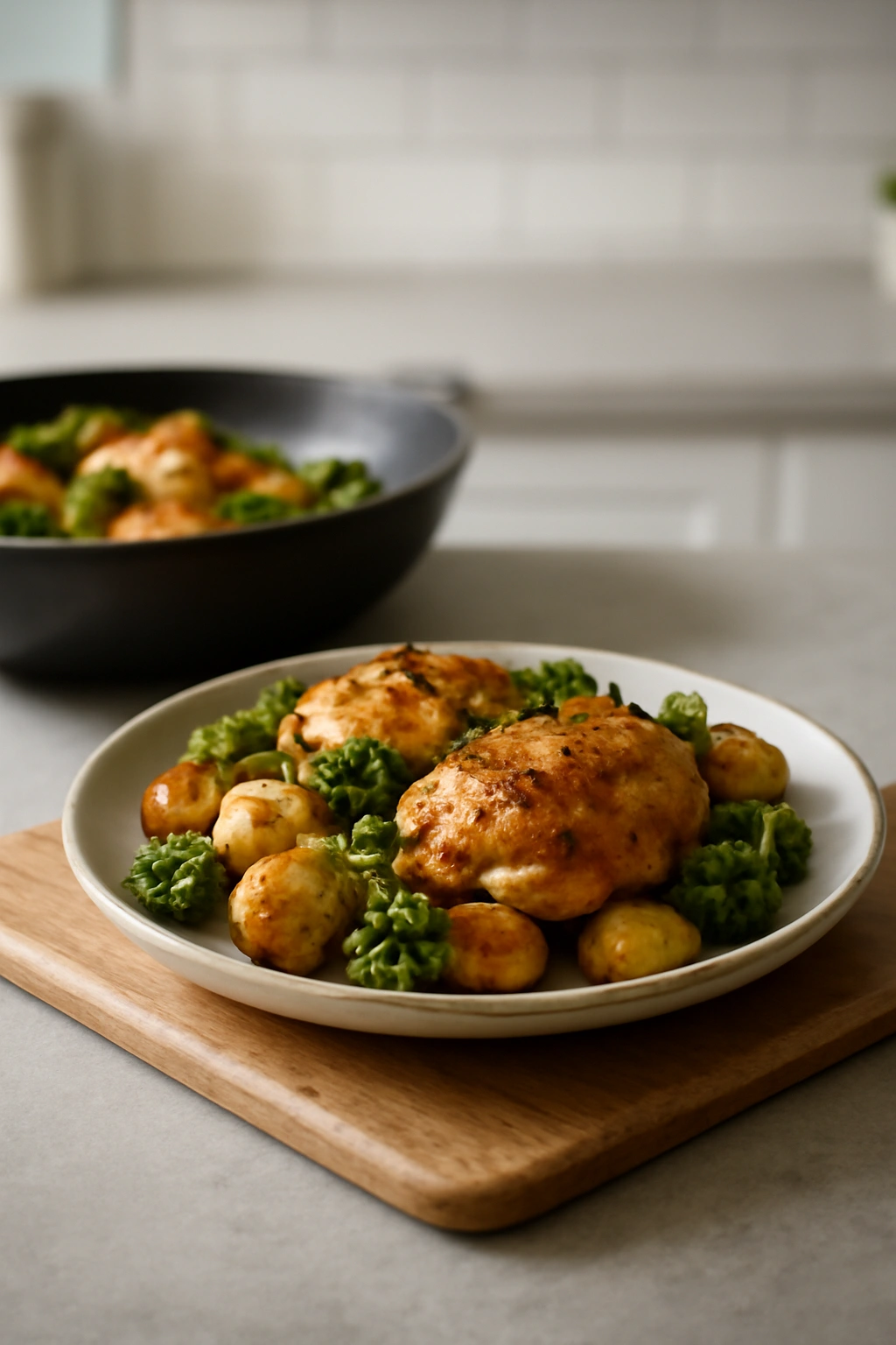 Finished one-pan dish plated on a wooden board in a clean kitchen.