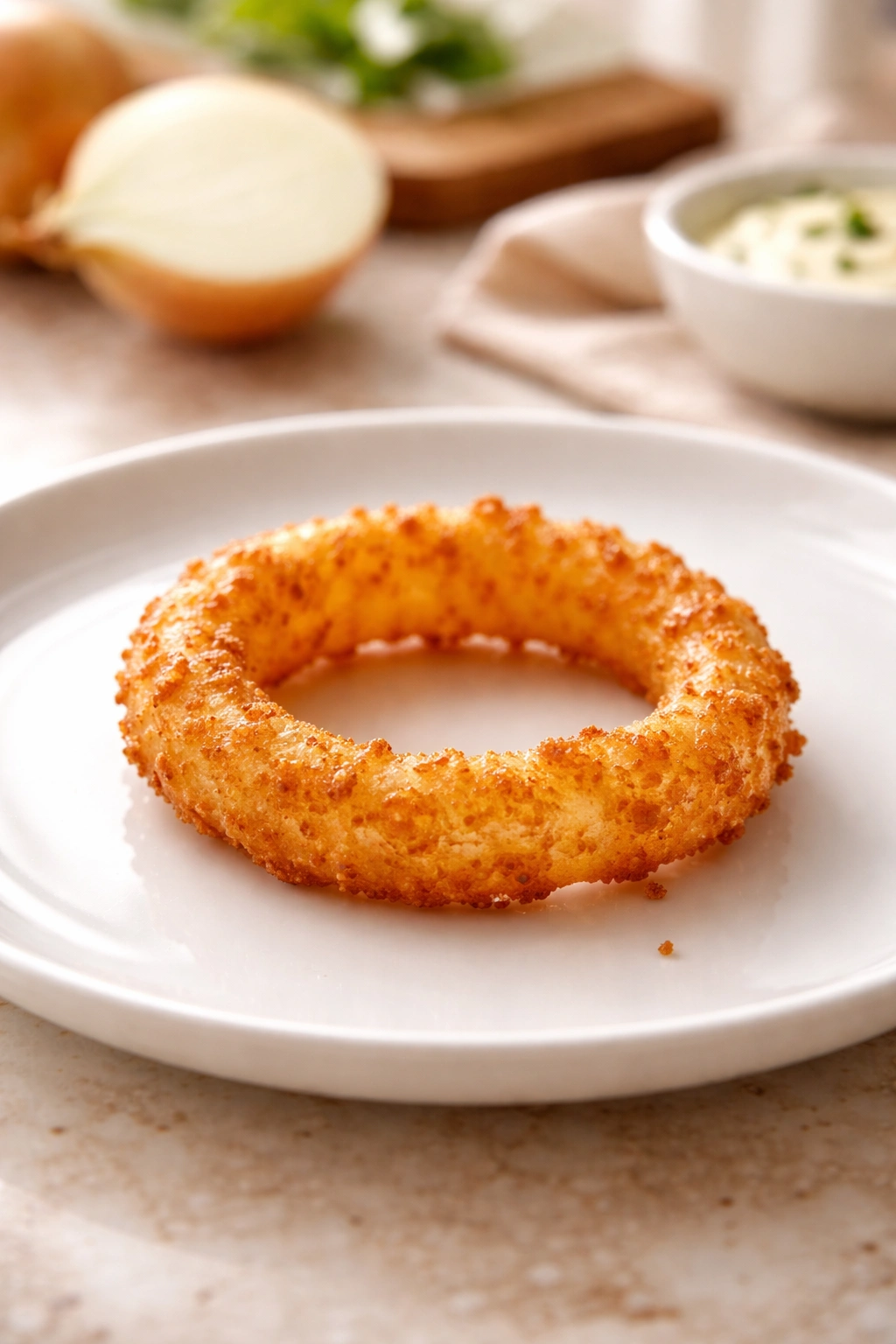 Single crispy keto onion ring on a plate with soft background