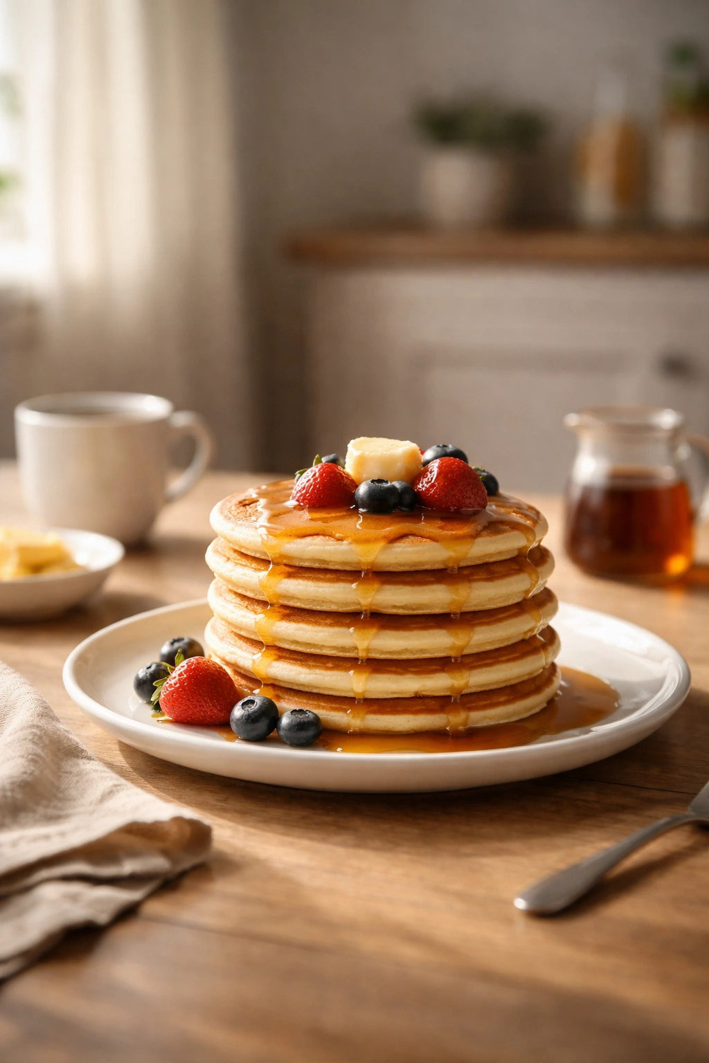 Calm breakfast scene with a single plate of pancakes in soft morning light
