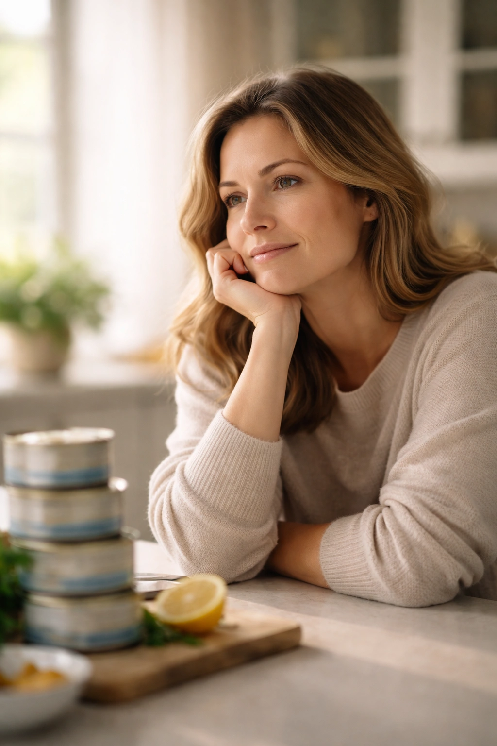 Thoughtful person at kitchen counter in reflection