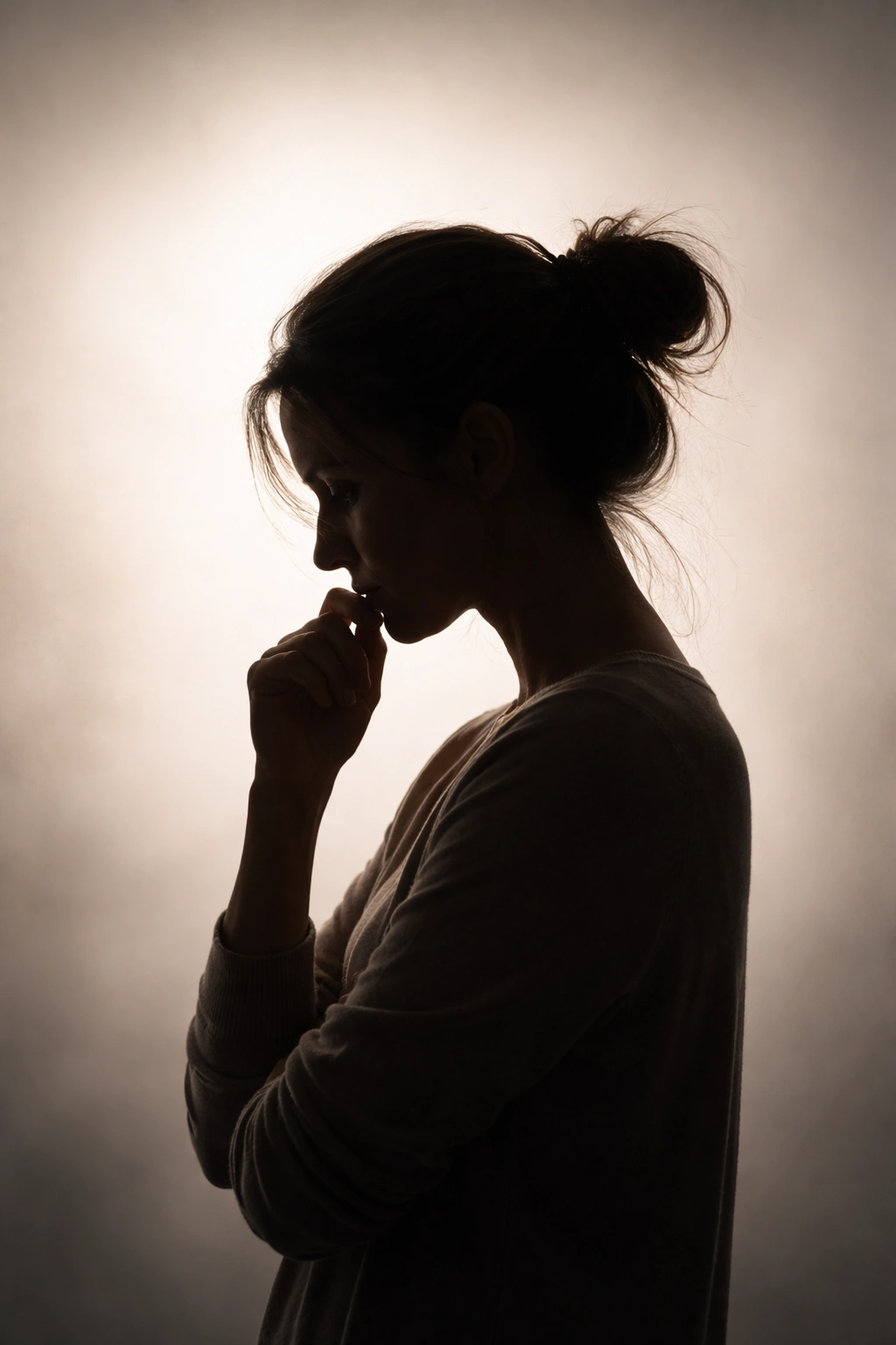 Silhouette of a person in thoughtful pose with soft gradient background