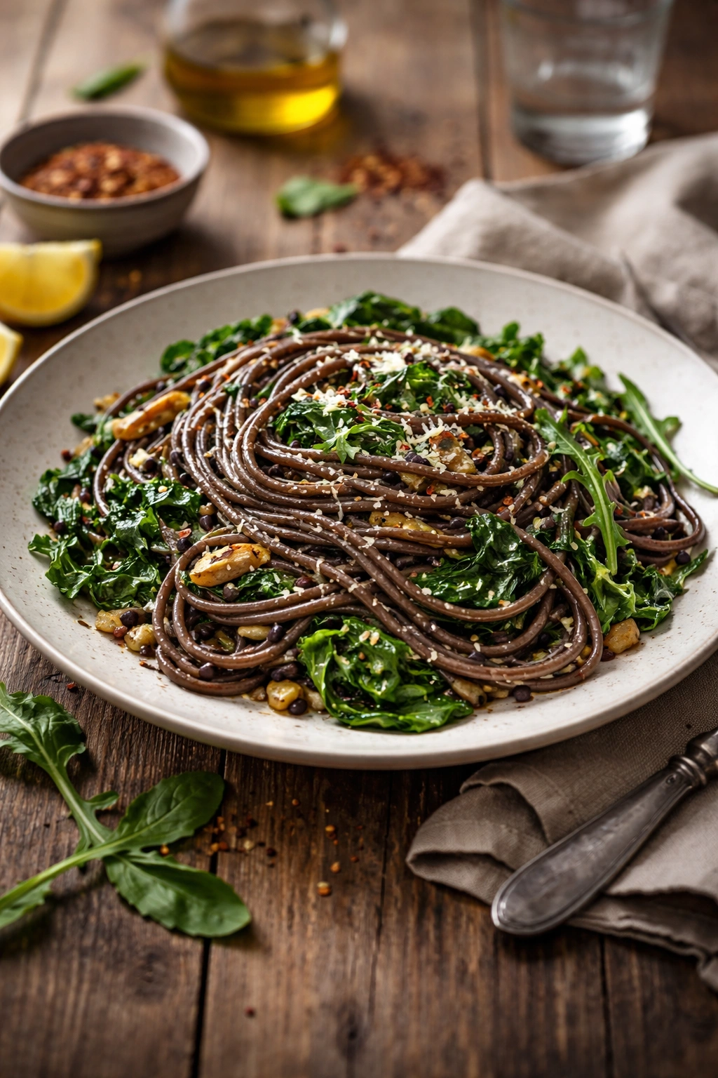 Finished black bean pasta on a rustic table under soft natural light.