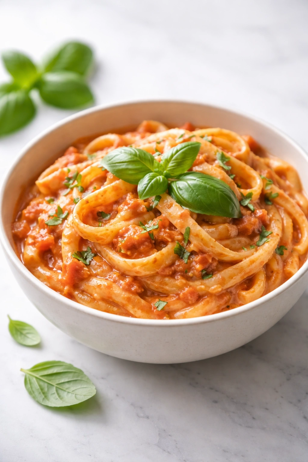 Minimalist bowl of creamy tomato basil pasta with fresh basil on bright surface