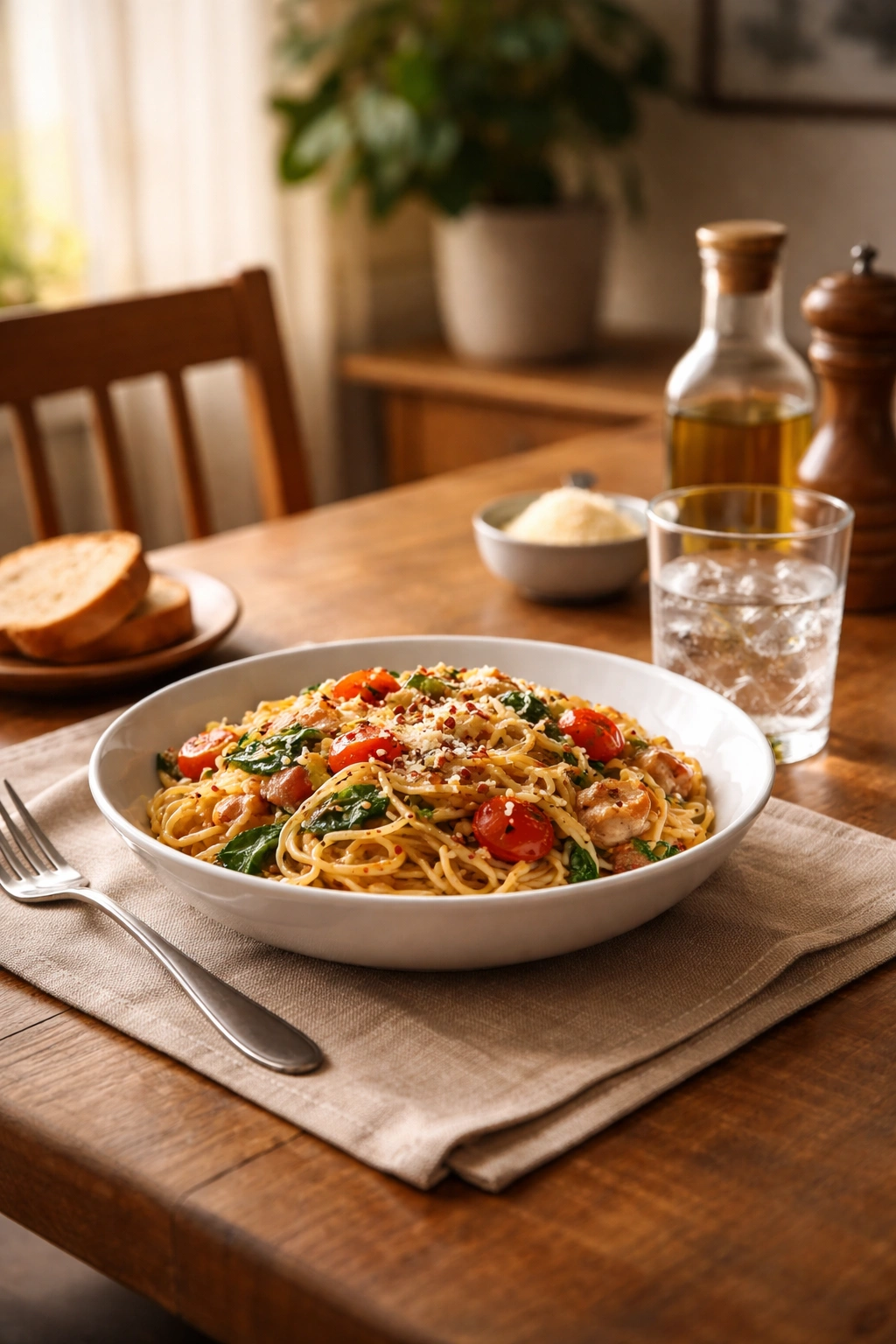 Plated pasta on a dining table under warm lighting