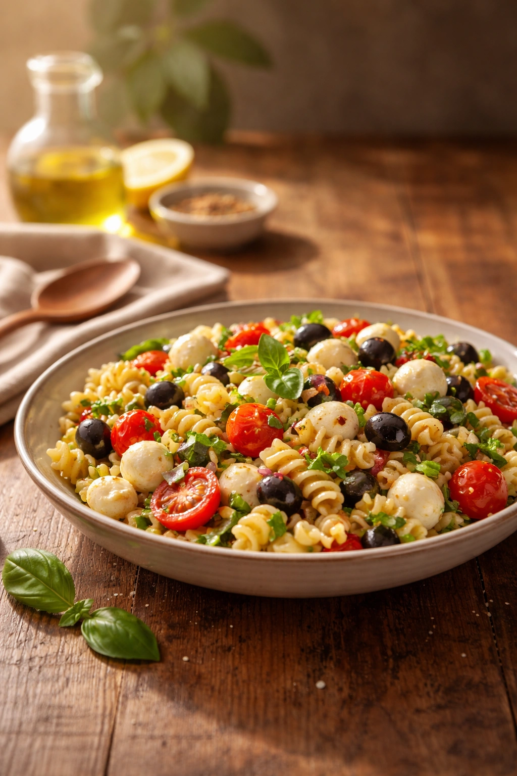 Serene still-life of a plated pasta salad, warm lighting and calm mood.