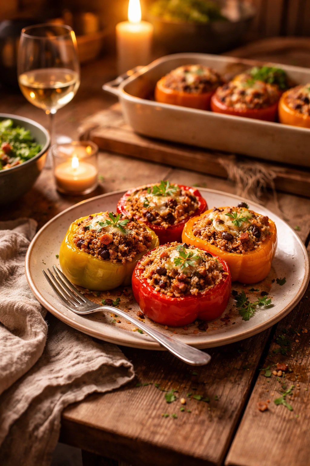 Cozy dining scene with a plate of stuffed peppers on a rustic table