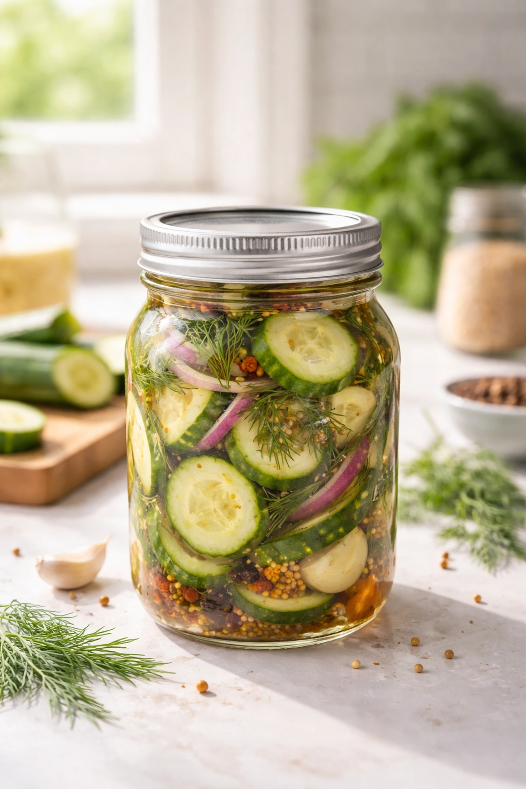 Jar of pickles on a bright kitchen counter reflecting the simplicity of the method