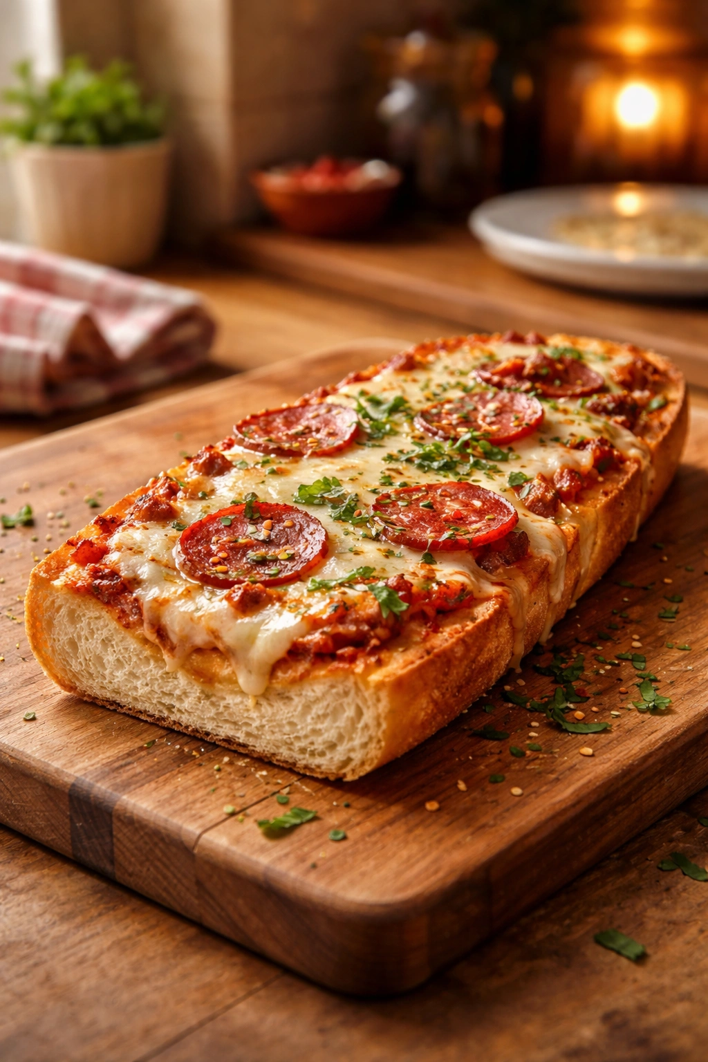 Single crisp crust French bread pizza slice on wooden board