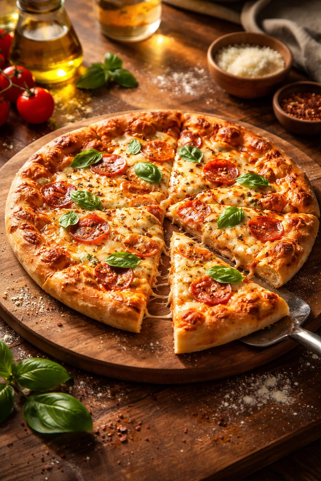 Finished no-yeast pizza on wooden board ready to serve