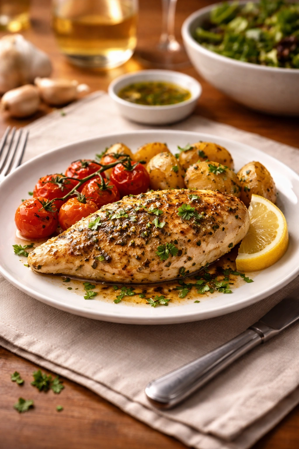 Plated Italian baked chicken ready to serve