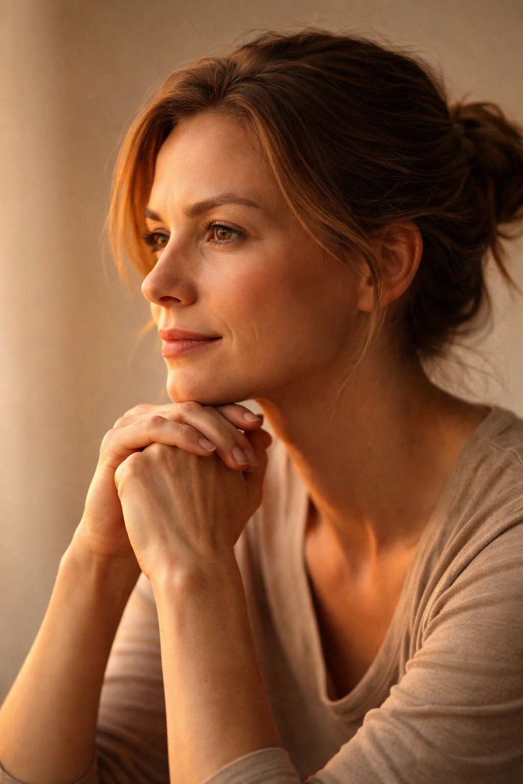 Profile of a contemplative person against a warm neutral background