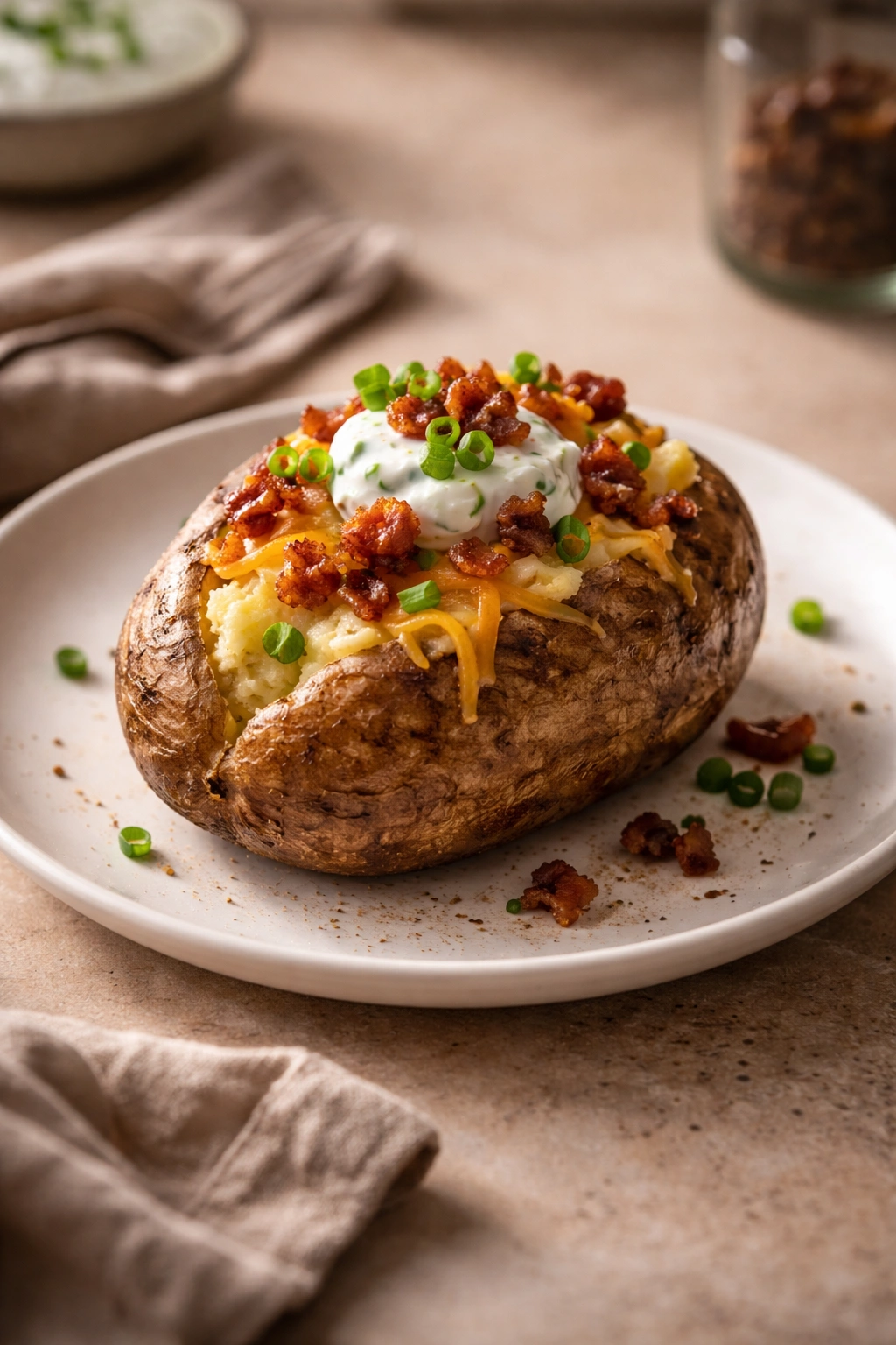 Single loaded baked potato on white plate with warm ambient lighting