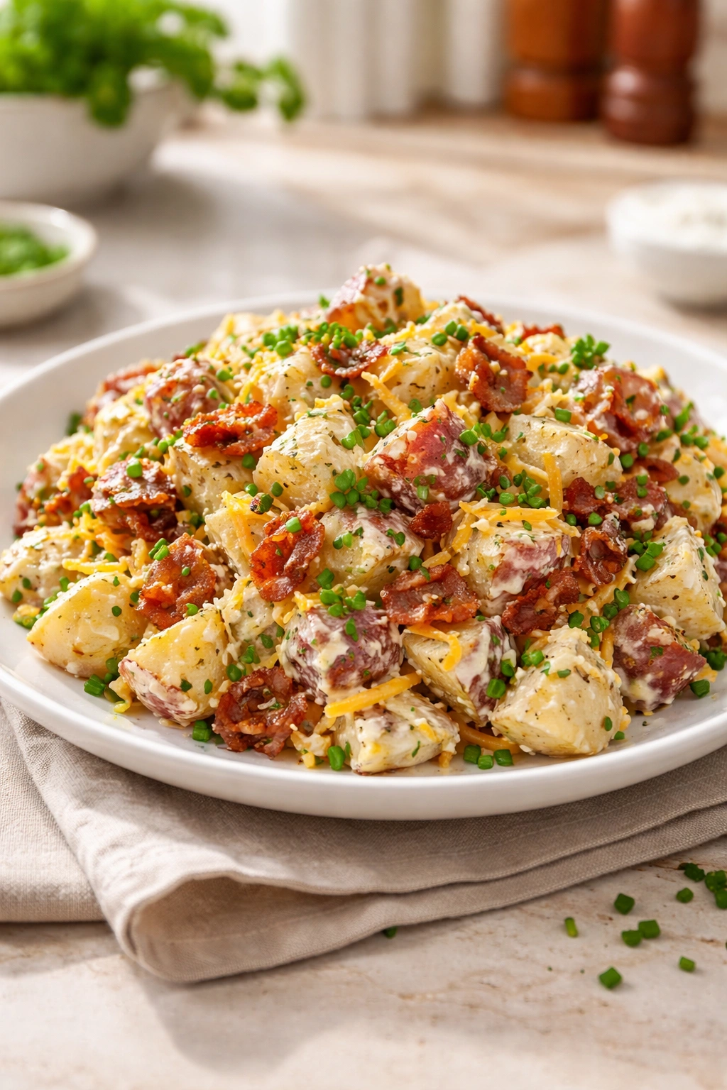 Plate of finished loaded baked potato salad with herbs