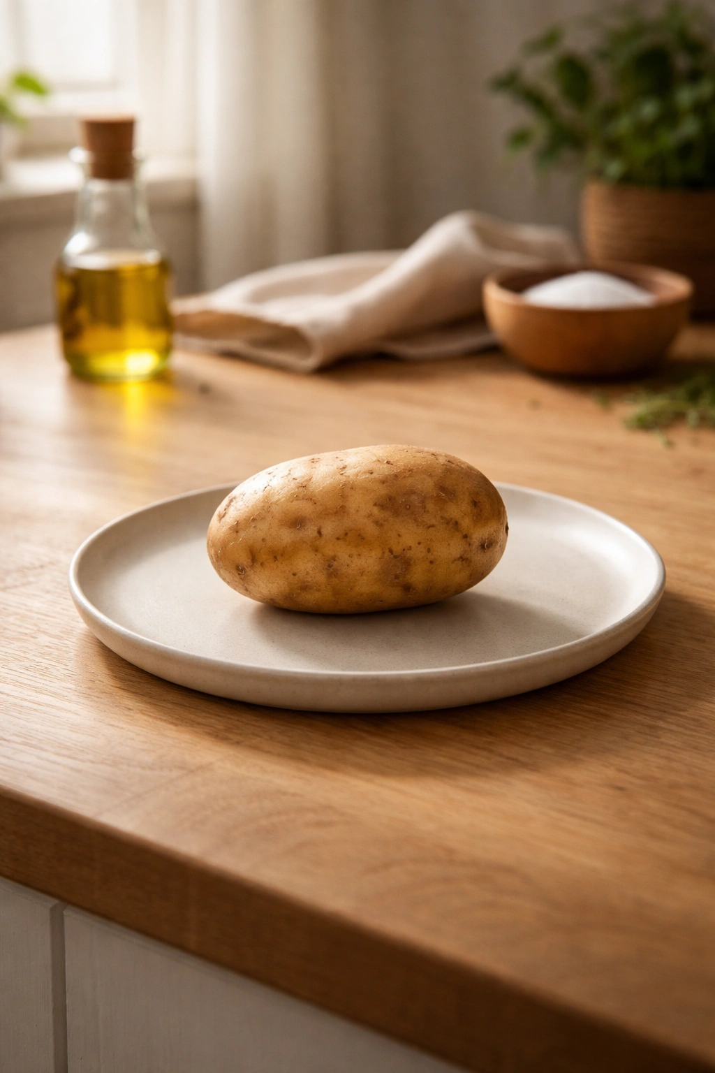 Minimalist kitchen scene with a single potato on a plate.