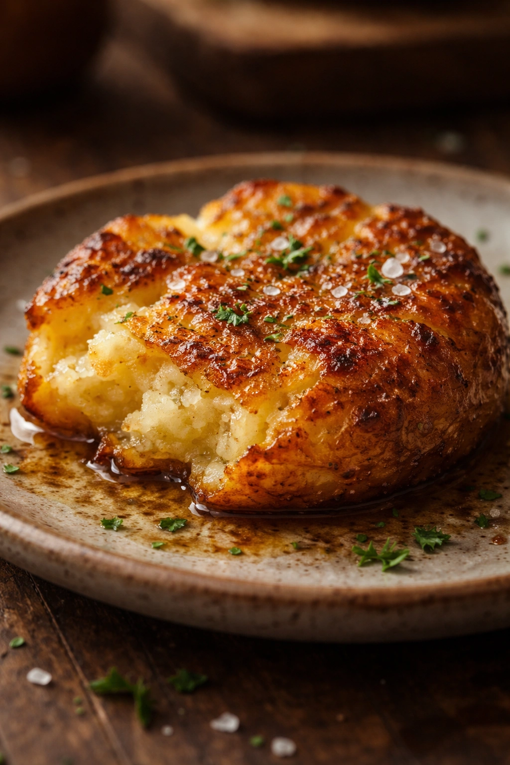 Macro view of crispy smashed potato with browned butter