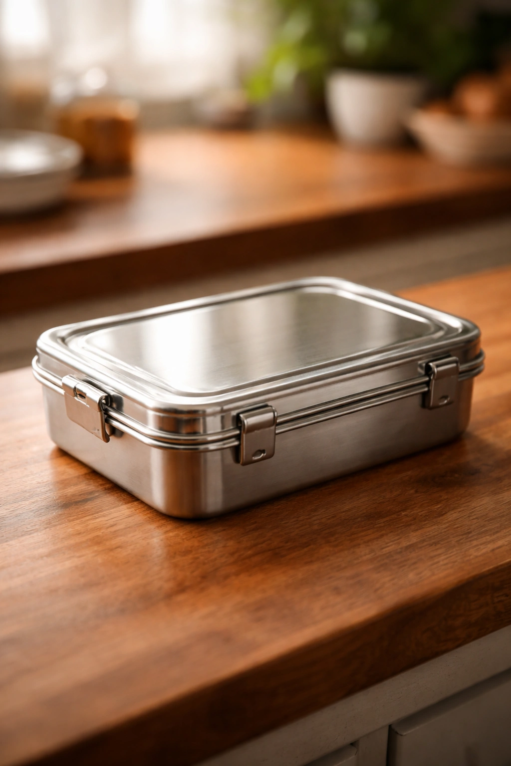 Closed stainless steel container lid on wooden surface