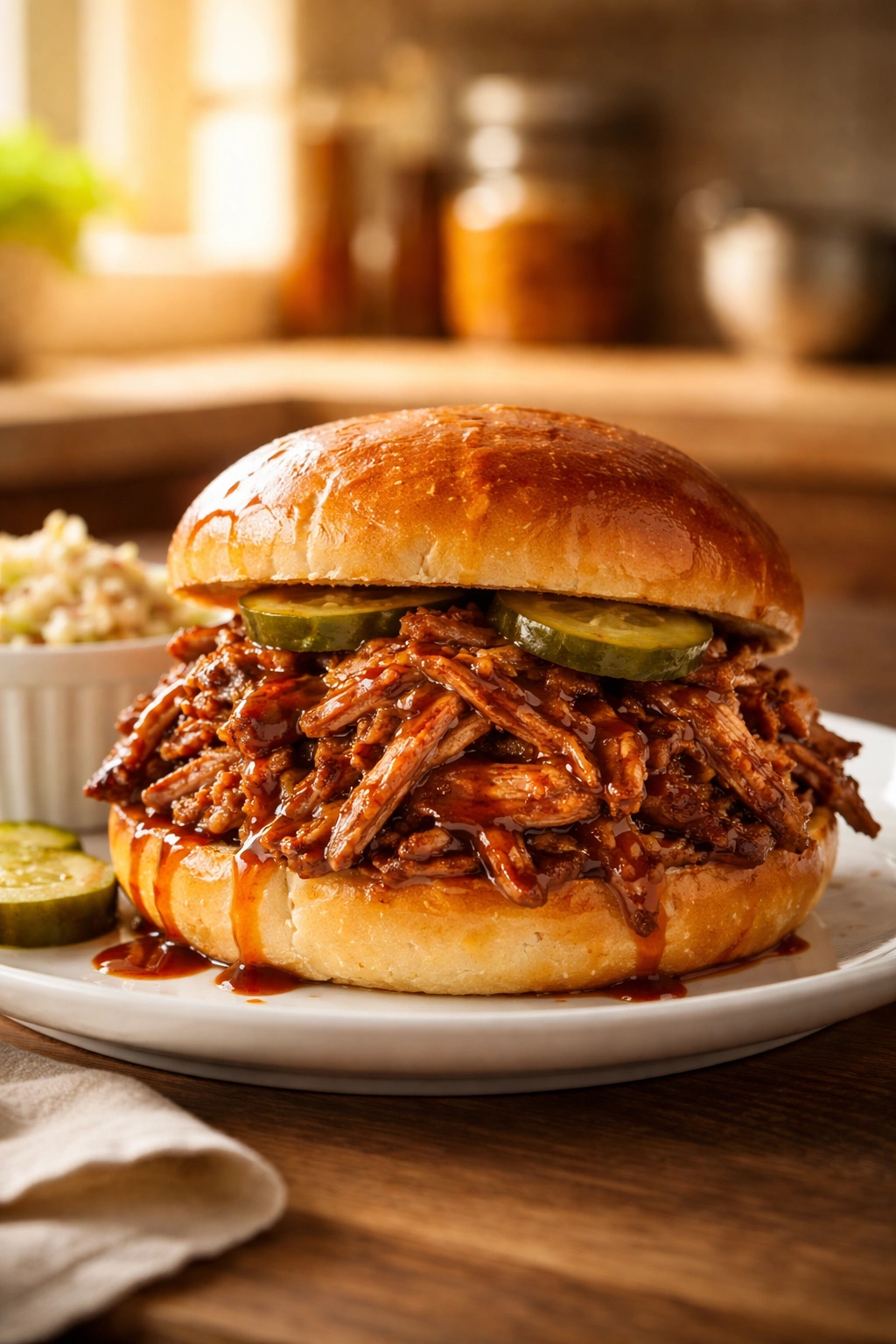 Finished pulled pork sandwich plated elegantly