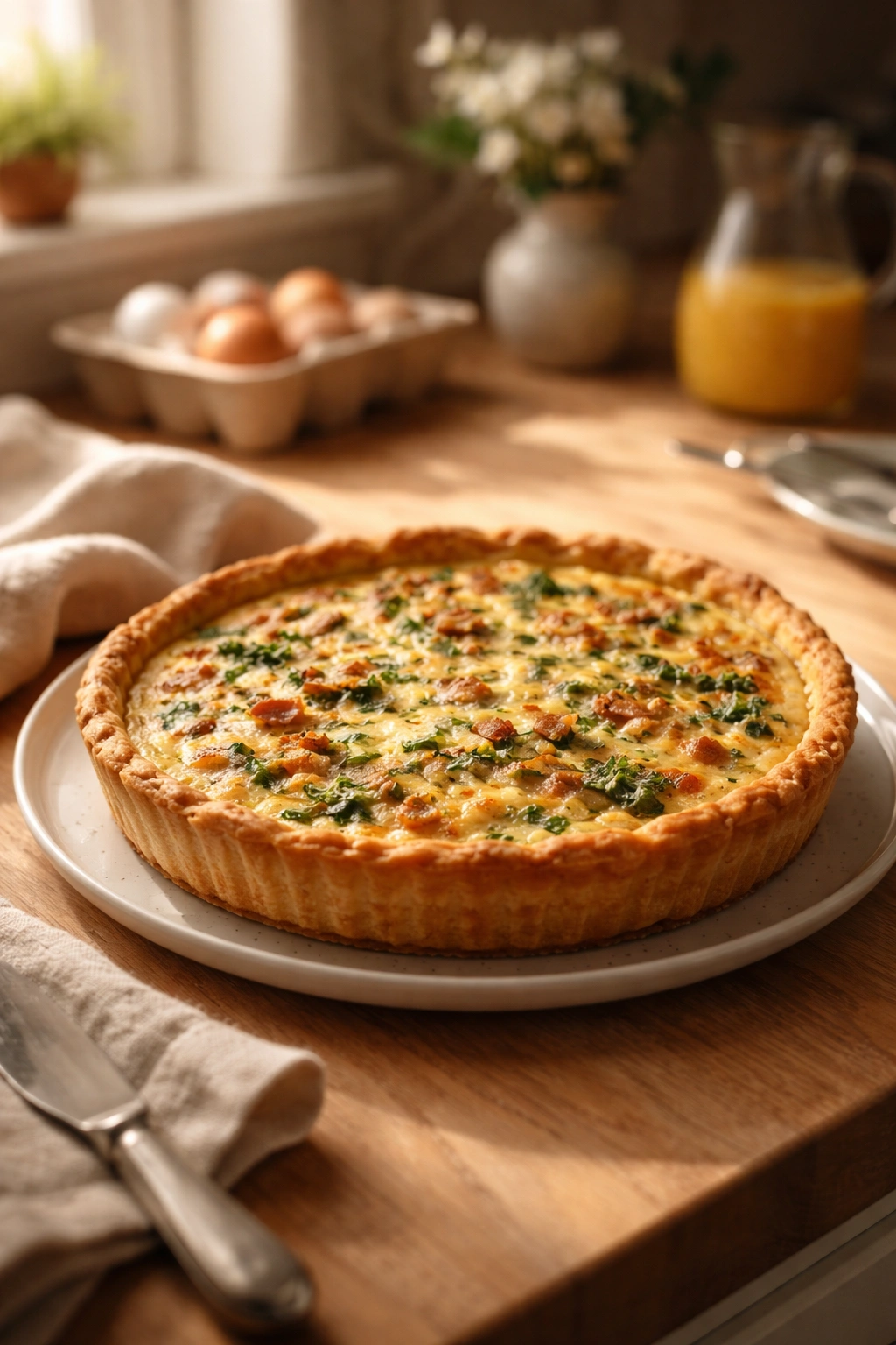 Whole quiche on plate in sunlit kitchen