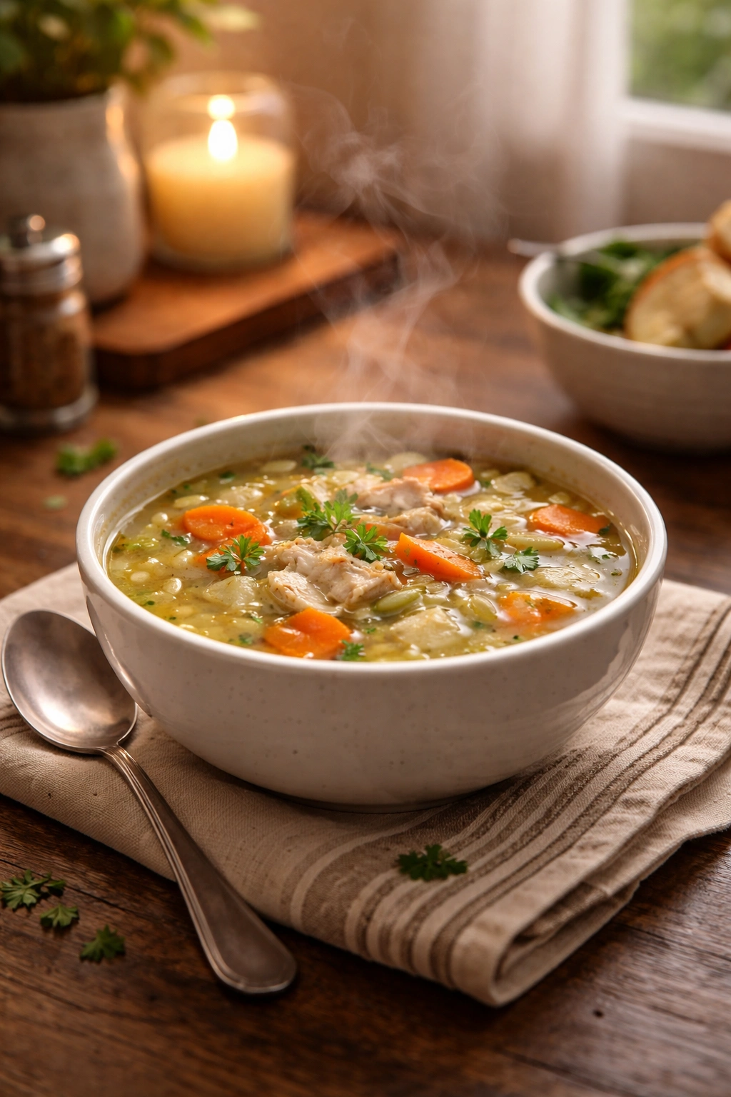Cozy kitchen with a steaming bowl of soup and warm lighting