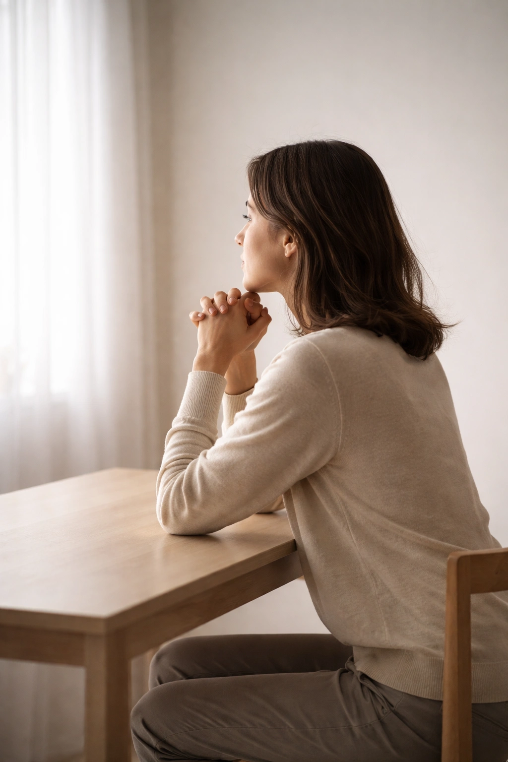 Person thinking at a desk reflecting on healthy dinners
