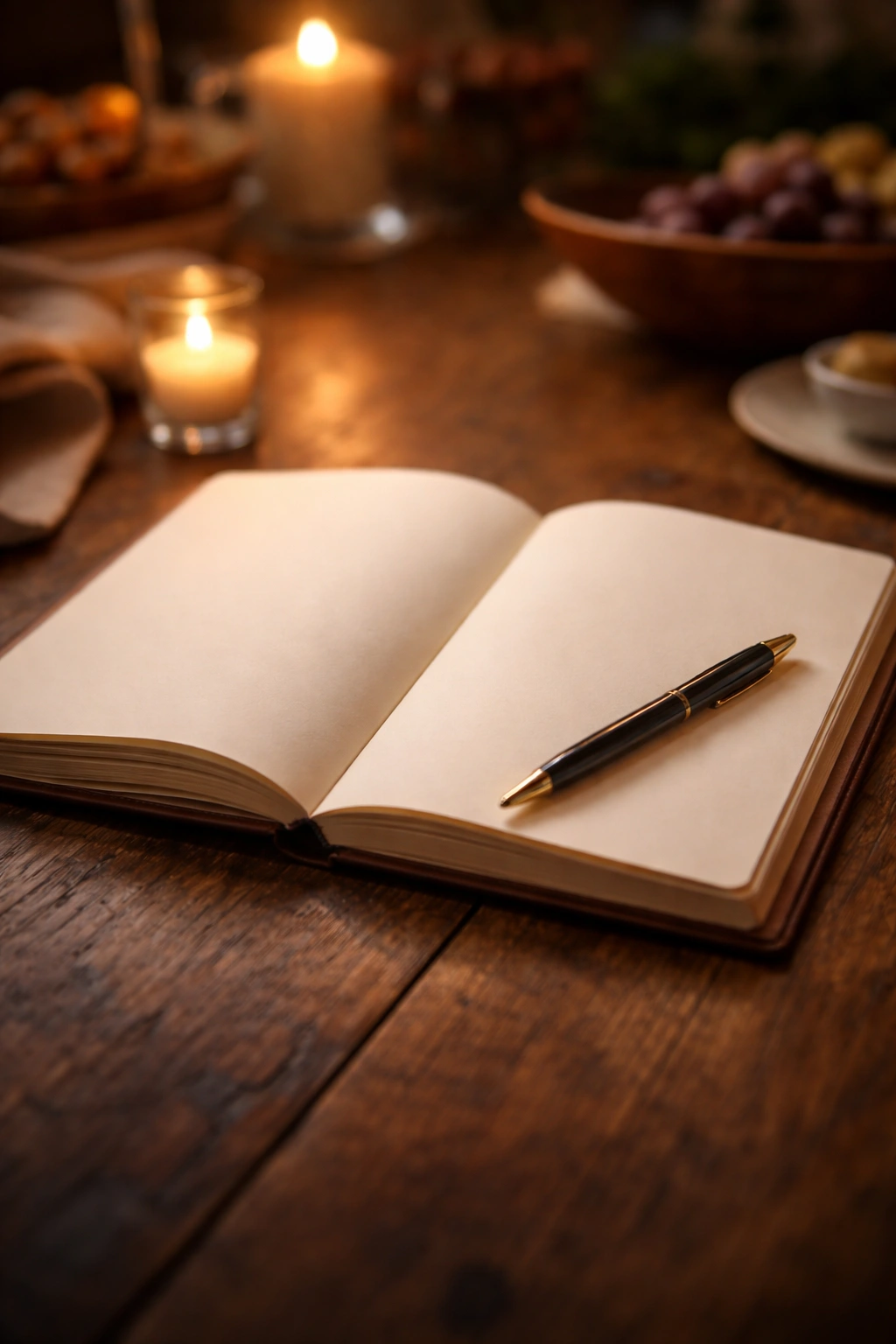 Open notebook on wooden table with a pen for reflection