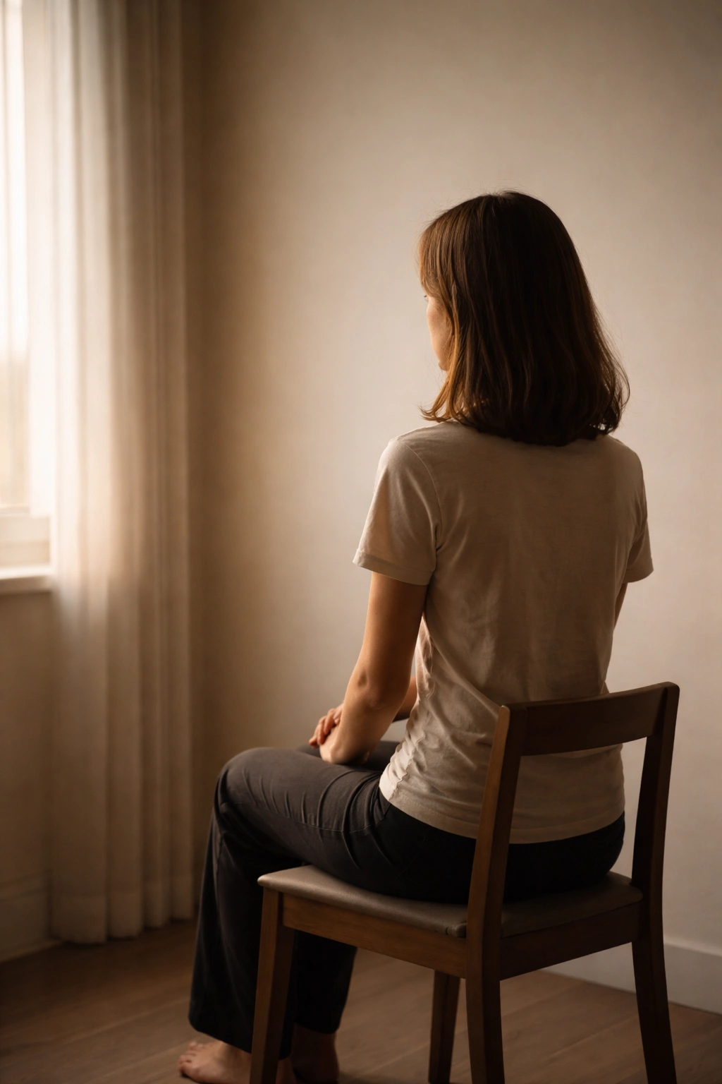 Calm person in a minimal room reflecting on mango stain tips