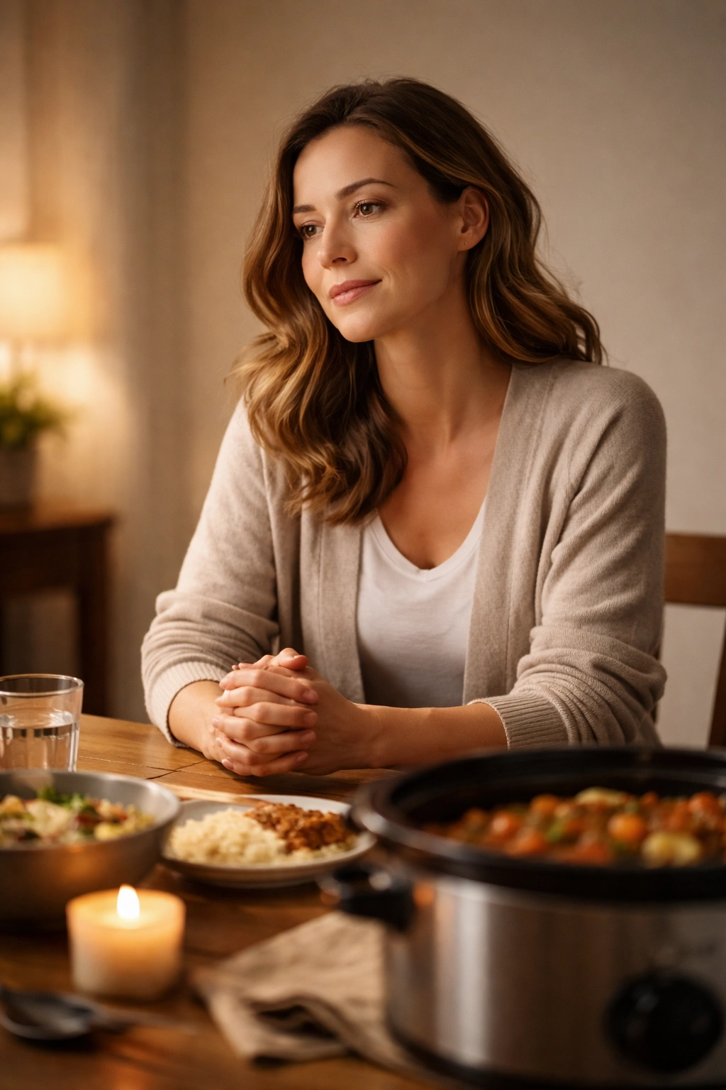 Contemplative person in a warm, minimalist room thinking about crockpot meals