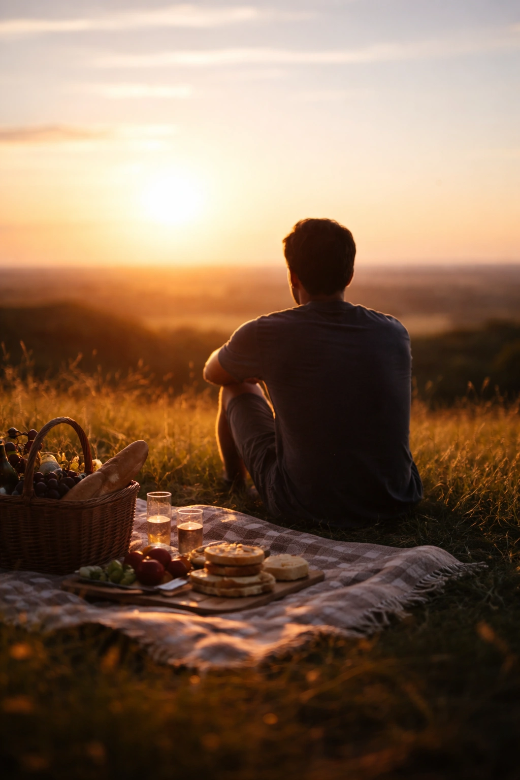 Silhouette of a person reflecting on a picnic in a sunlit field