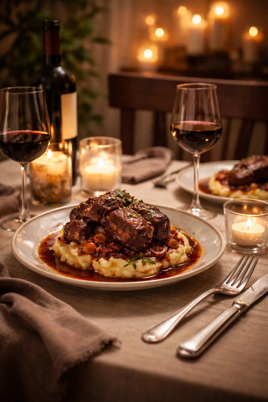 Elegant plated braised short ribs for a romantic date night