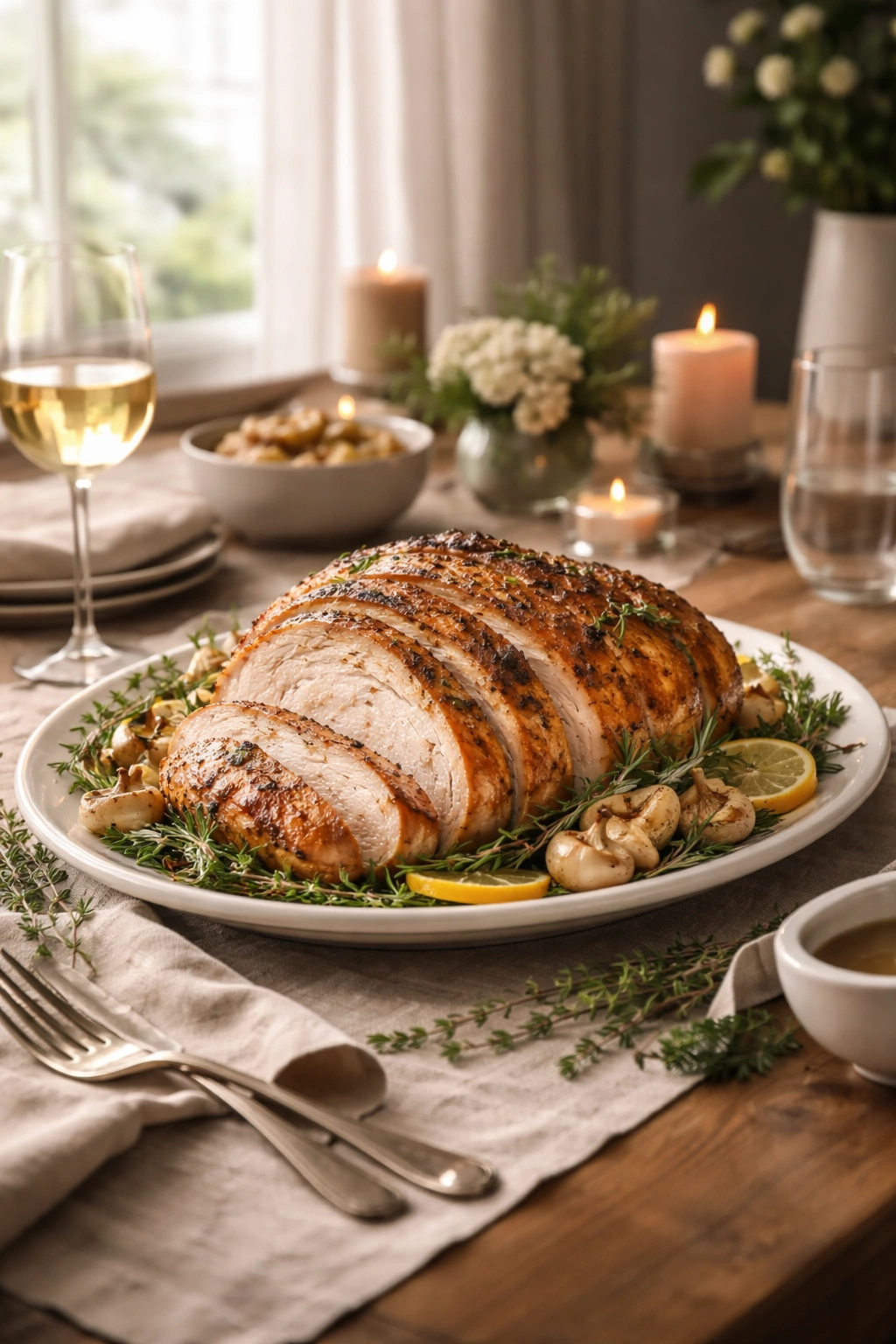 Elegant table with roast turkey centerpiece and calm setting
