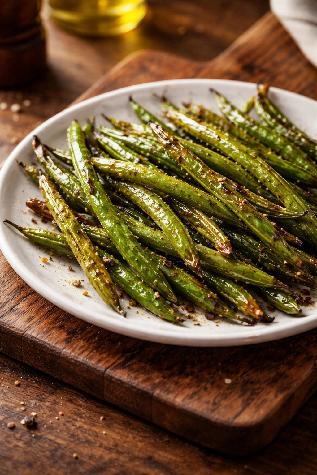 Close-up of perfectly roasted green beans on a wooden board