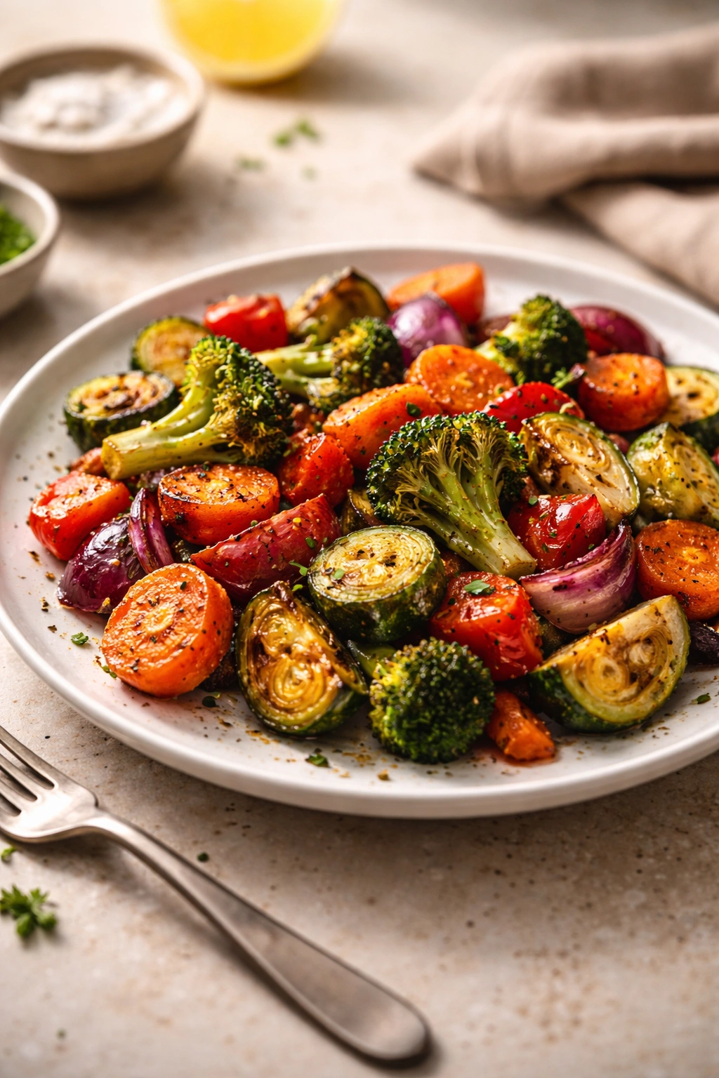 Close-up of a single plate of roasted vegetables with warm lighting and shallow depth of field