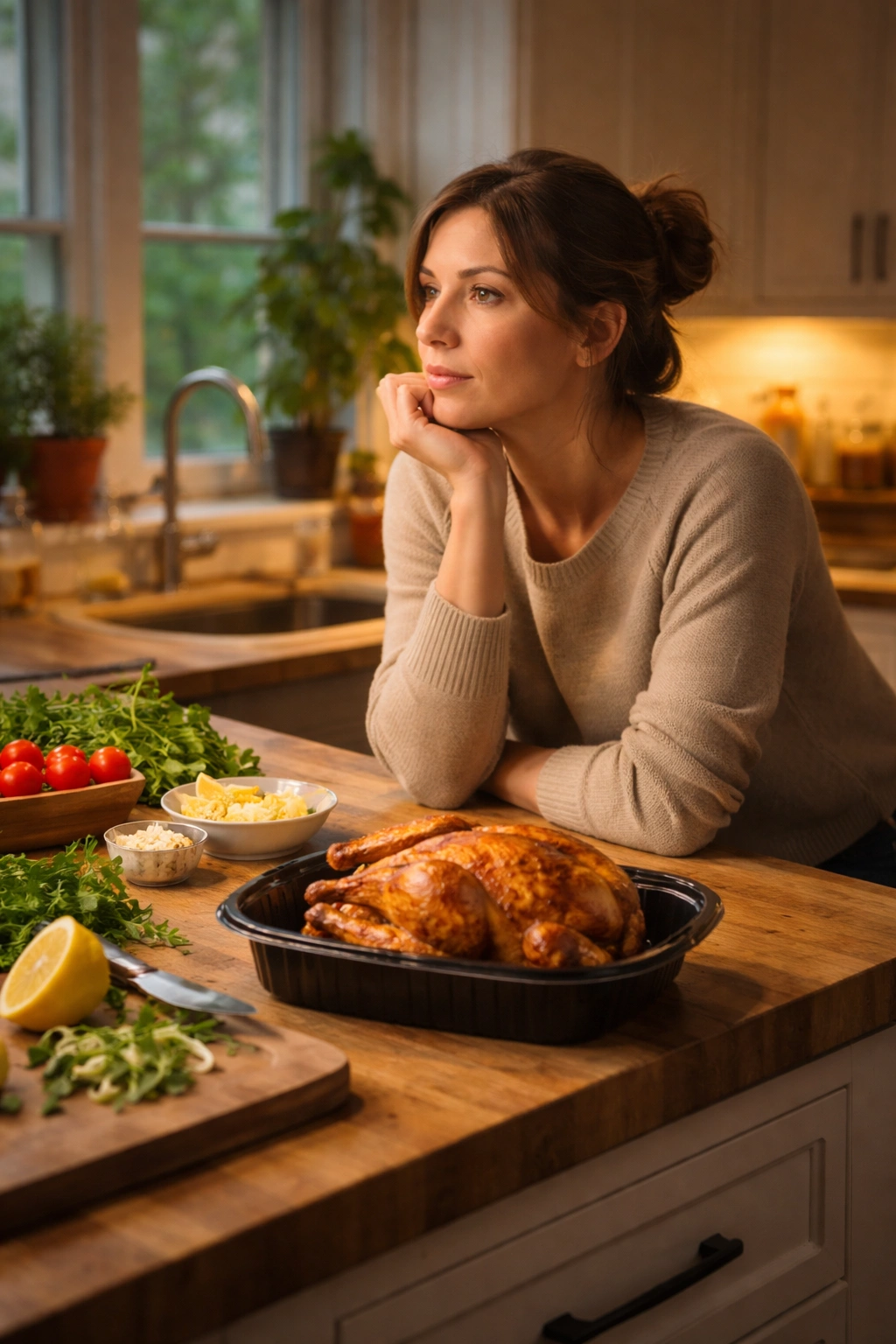 Contemplative person in warm kitchen planning quick weeknight dinners