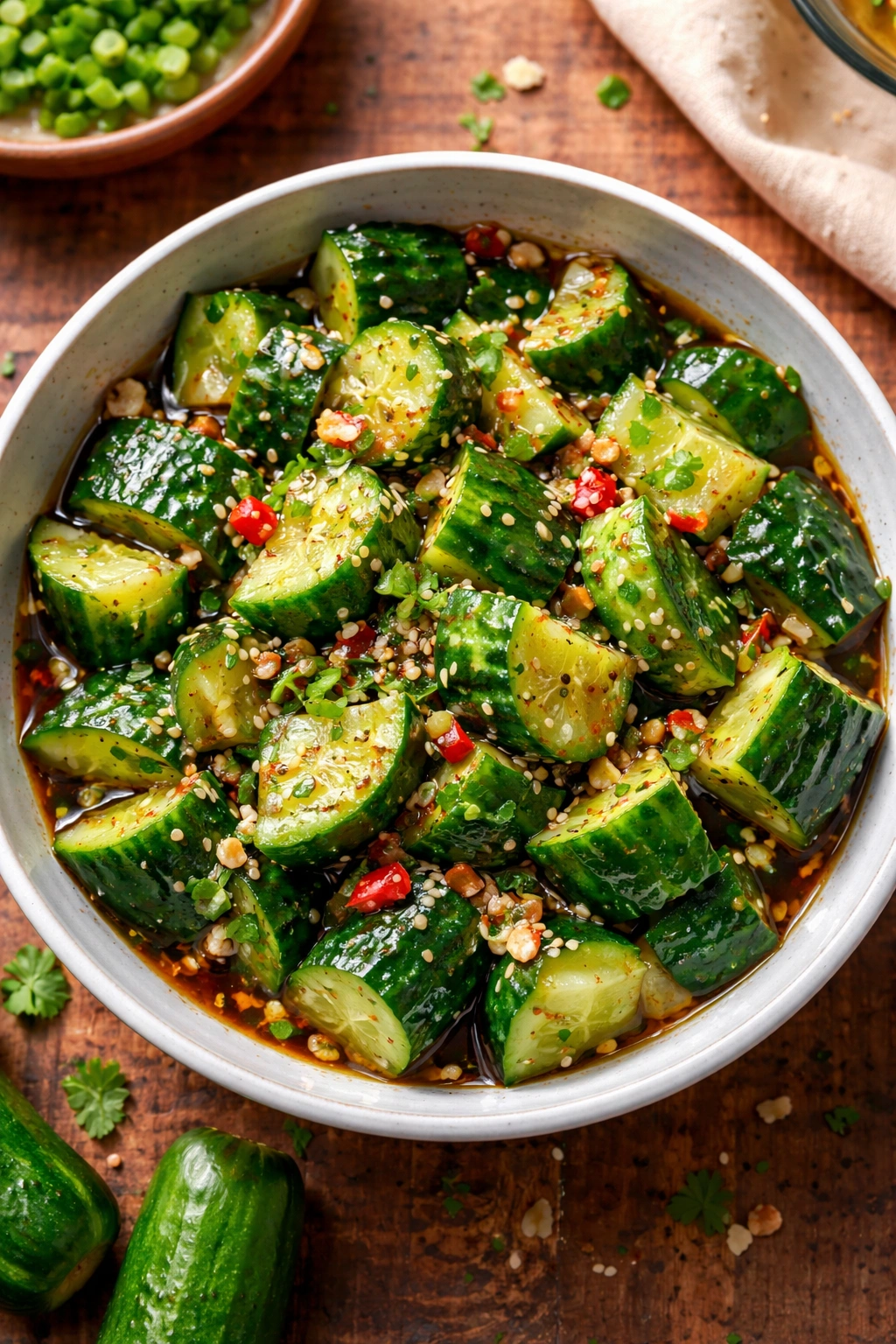 Finished smashed cucumber salad plated for serving
