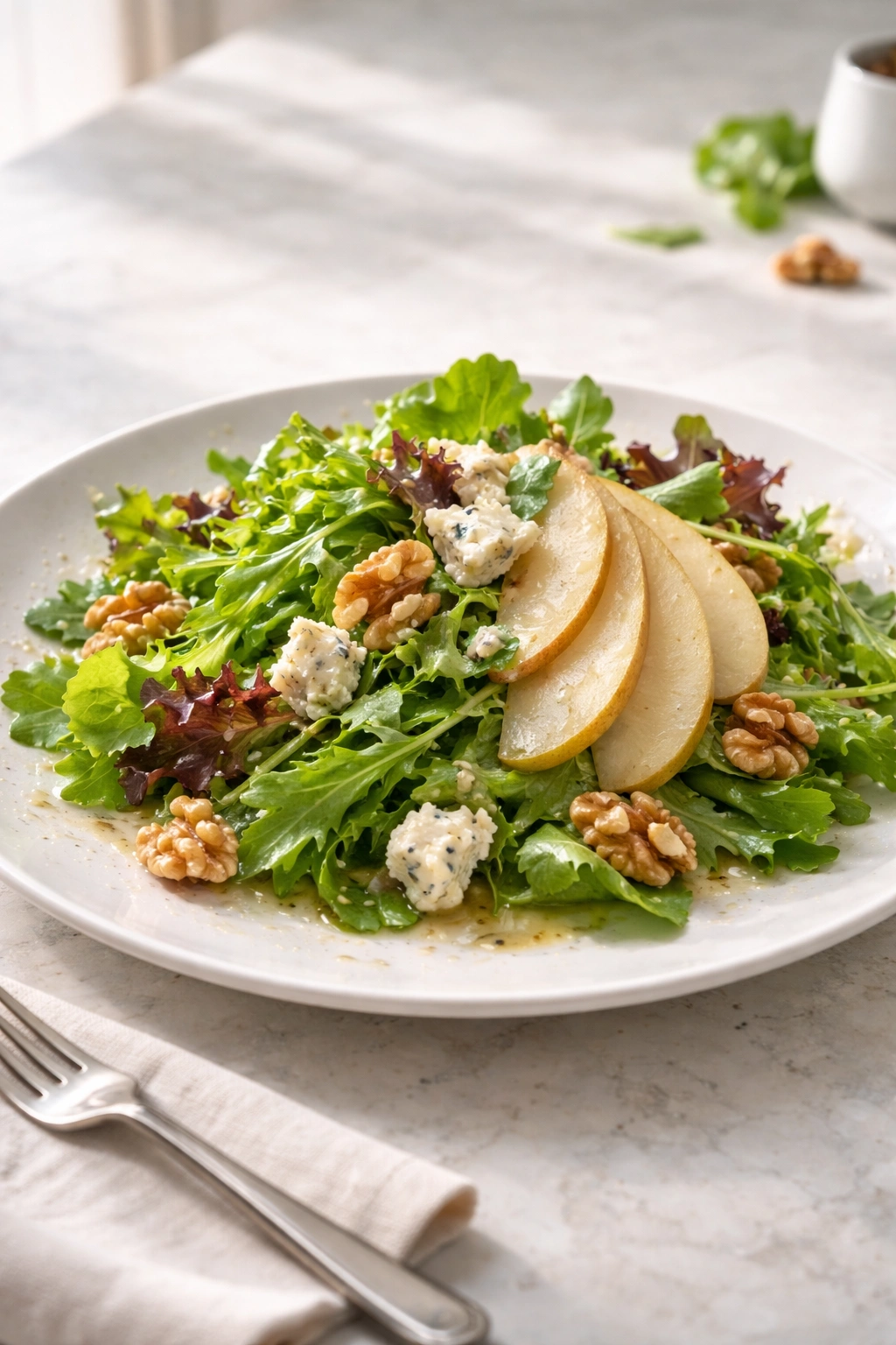 Finished gorgonzola salad on a chilled plate, ready to serve