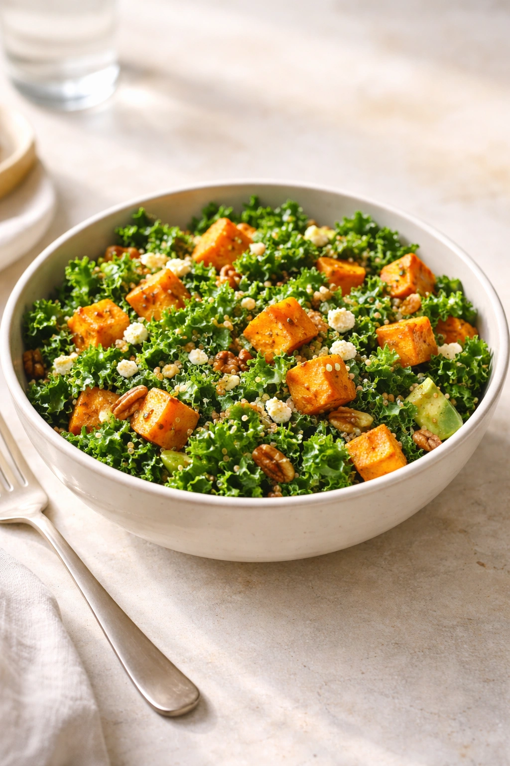 Close-up of kale and roasted sweet potato salad in a bowl on a clean surface