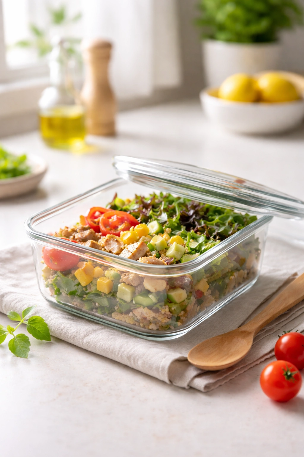 Minimalist kitchen scene with a glass lunch container holding layered salad