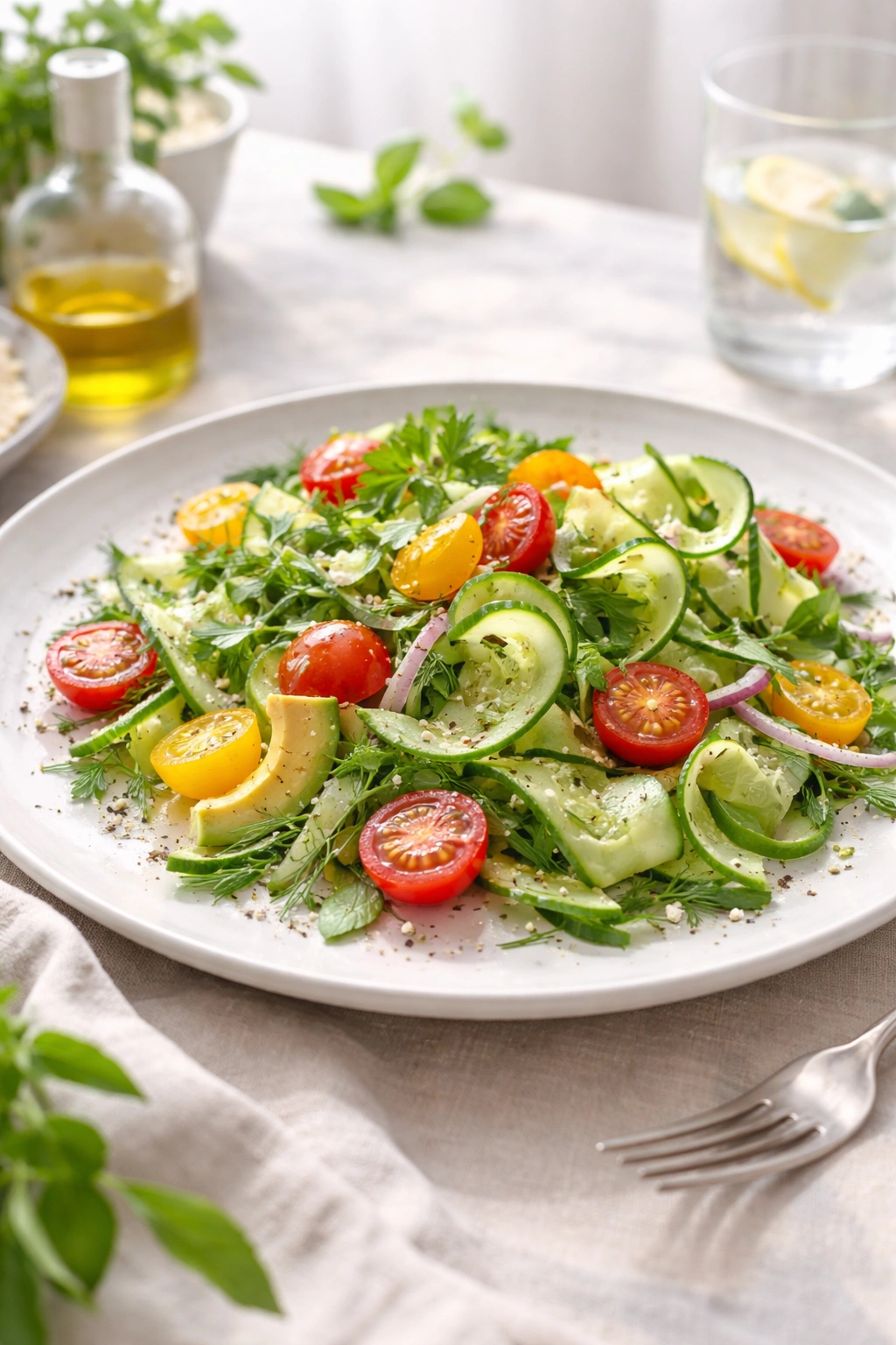 Minimal plated summer salad featuring cucumber, tomatoes, and herbs on a white plate in natural light