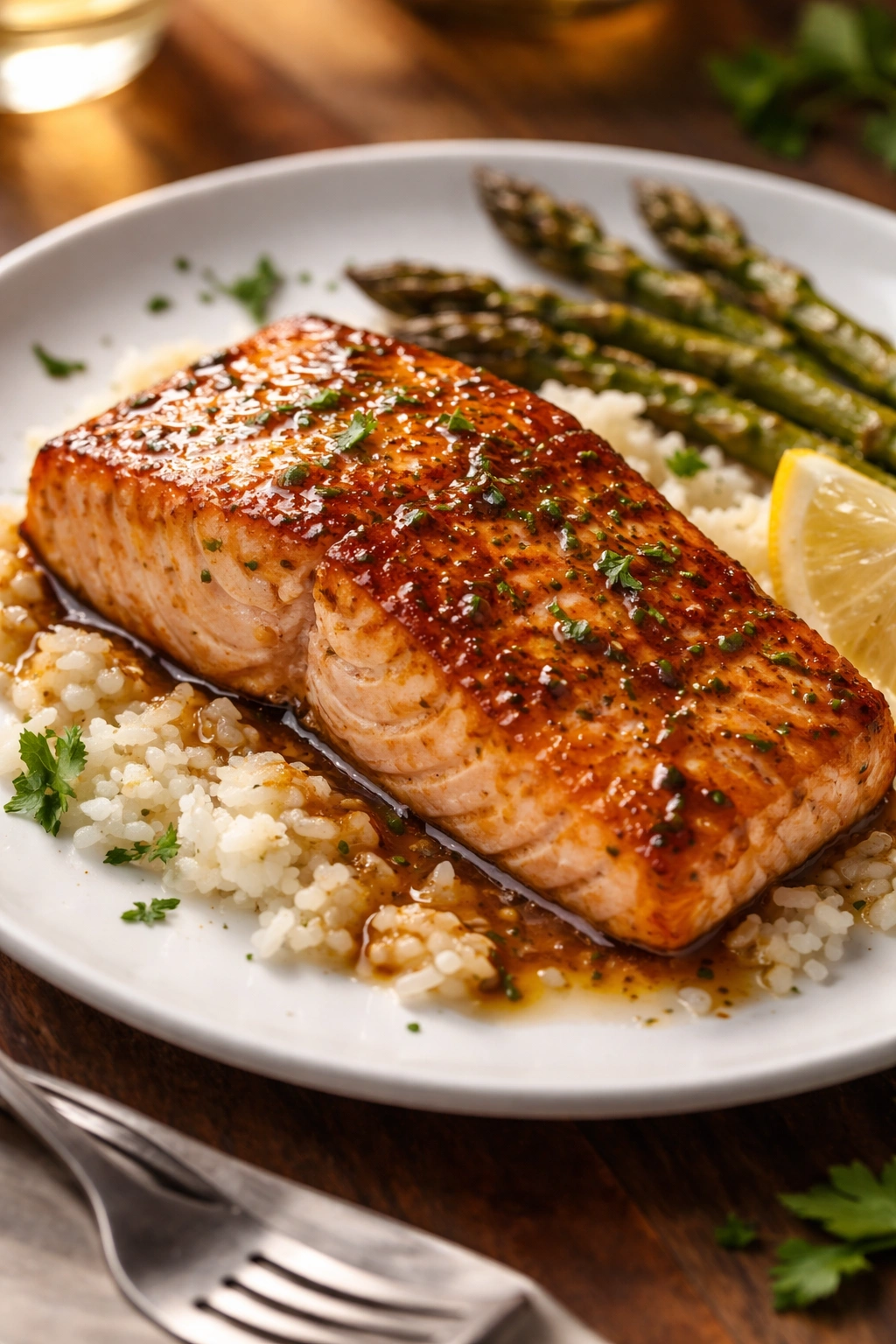 Beautifully plated honey mustard glazed salmon under warm lighting