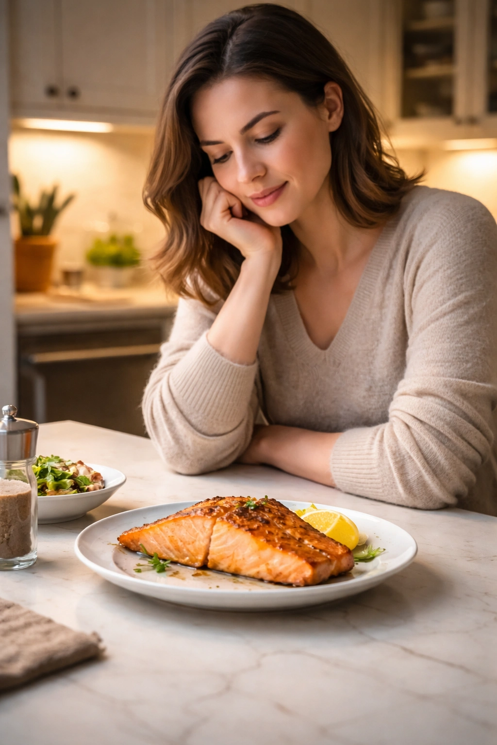Thoughtful home cook with a plate of perfectly cooked air-fryer salmon in a warm kitchen