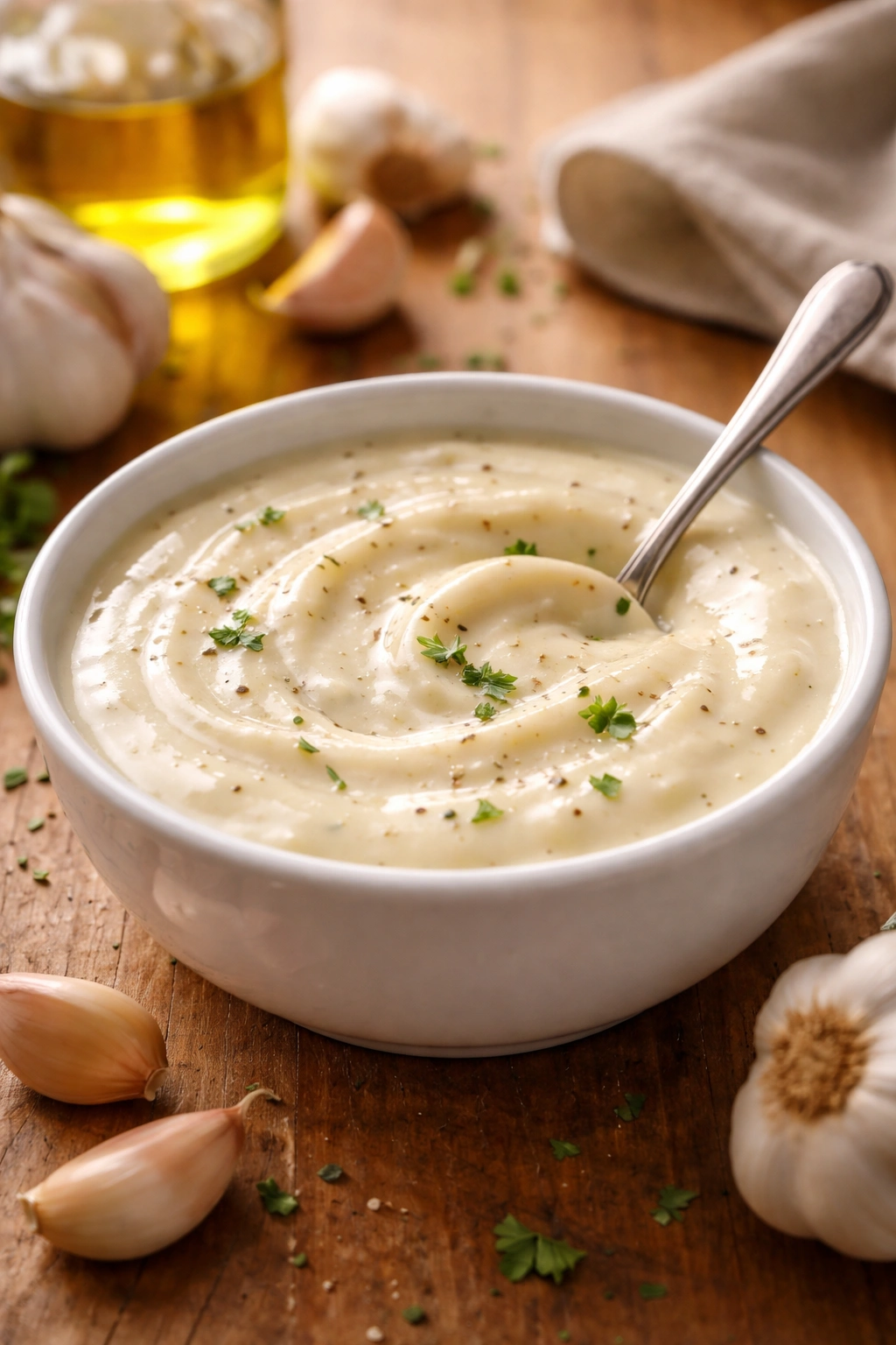 Glossy bowl of creamy garlic sauce on wood surface