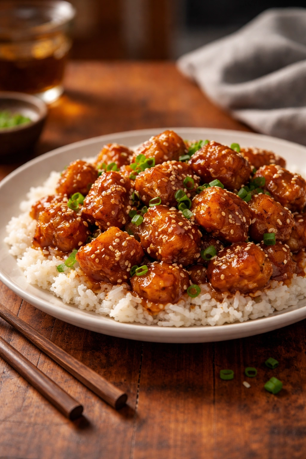 Finished sesame chicken plate with warm lighting and reflective mood