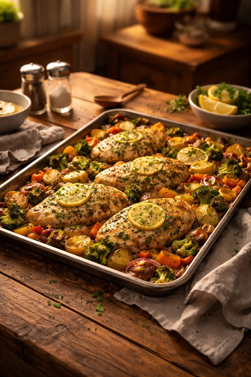 Finished sheet pan dinner on a rustic table with warm lighting