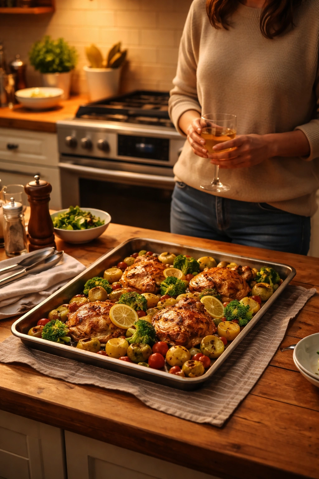 Thoughtful person in a warm kitchen with a sheet pan nearby suggesting a finished two-person dinner