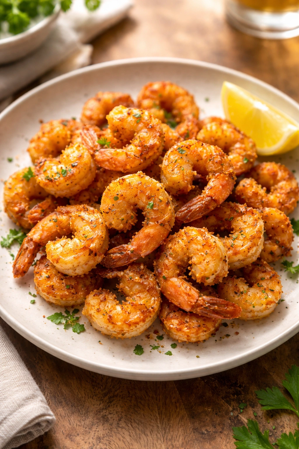 Final presentation of crispy air fryer shrimp on plate