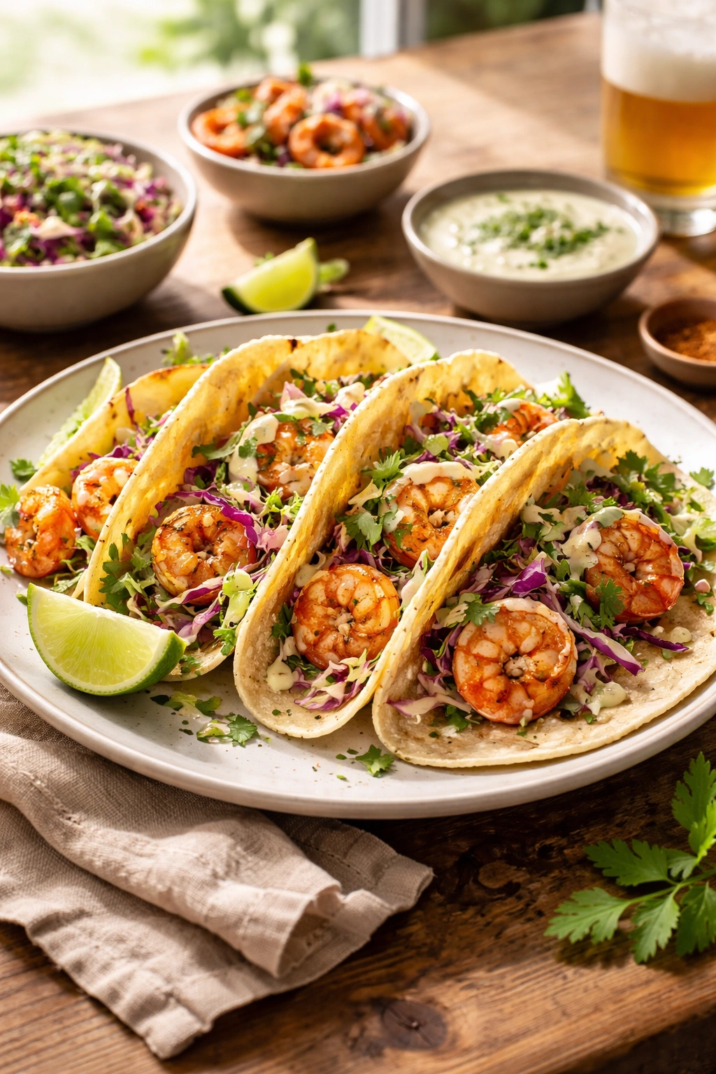 Plate of shrimp tacos on a wooden table under warm daylight
