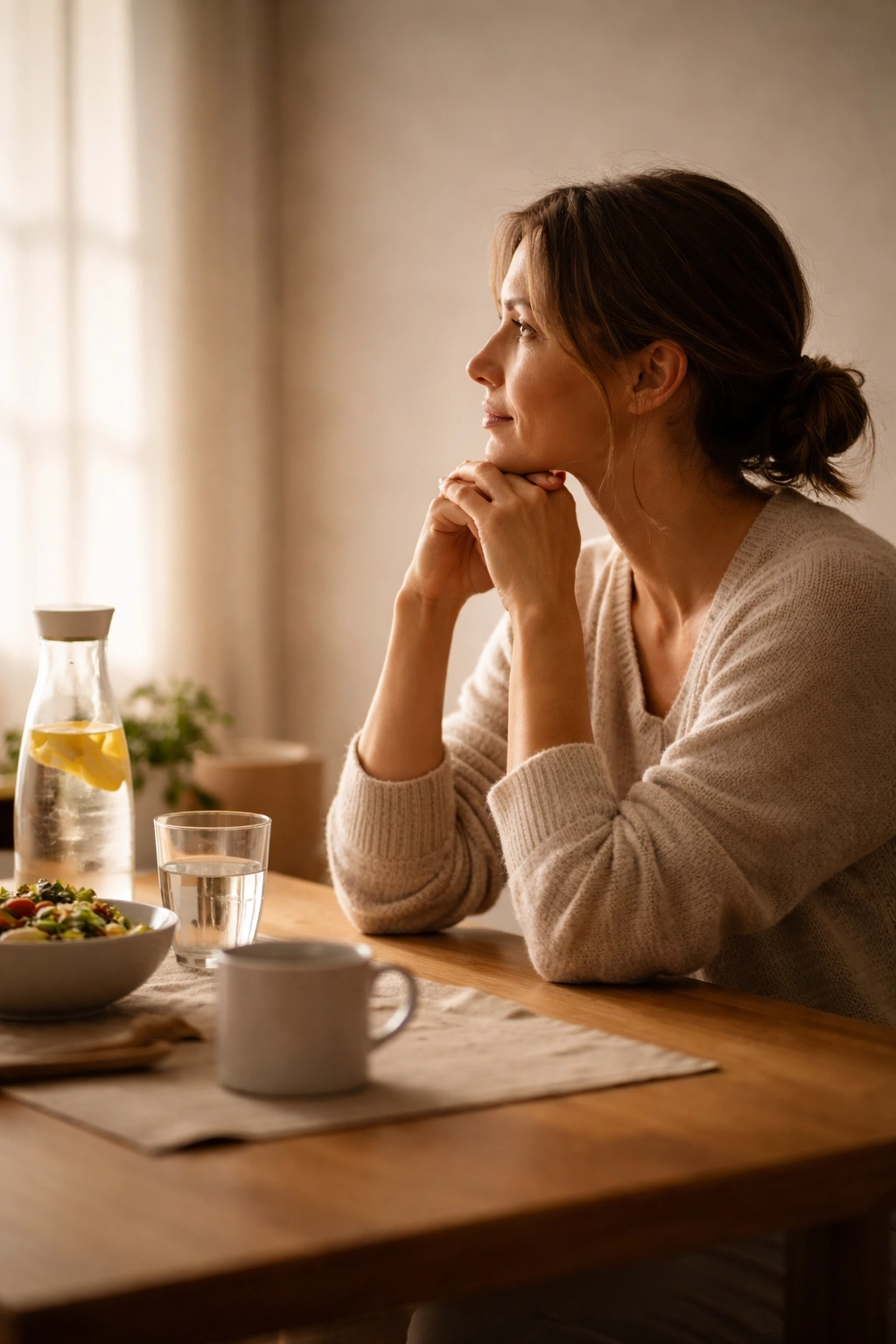 Silhouette of a person thinking at a table